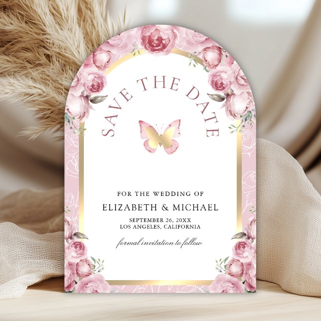 Blush Pink Floral Arch Butterfly Photo Wedding Save The Date (Creator Uploaded)