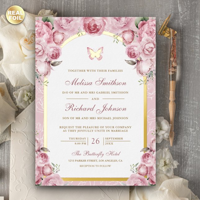 Blush Pink Floral Arch Butterfly Wedding Gold Foil Invitation (Creator Uploaded)