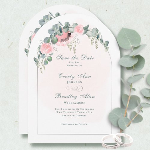 Blush Pink Floral Arch Eucalyptus Save the Date Invitation