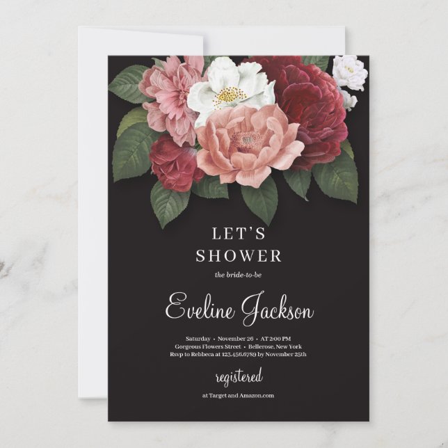 Blush Pink Floral at Black Background Invitation (Front)