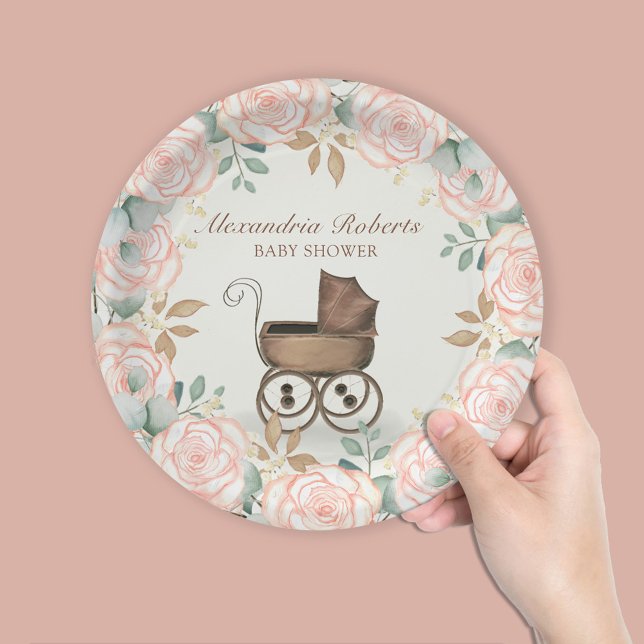 Blush Pink Floral Baby Carriage Custom Shower Paper Plates (Blush pink floral girl baby shower custom paper plate )