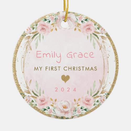 Blush Pink Floral Baby First 1st Christmas Ceramic Ornament