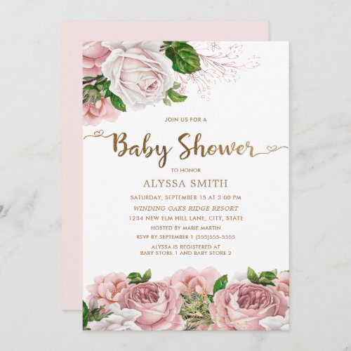 Blush Pink Floral Baby Girl Baby Shower Script Invitation