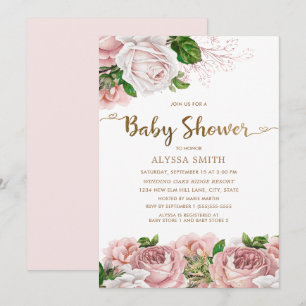 Blush Pink Floral Baby Girl Baby Shower Script Invitation