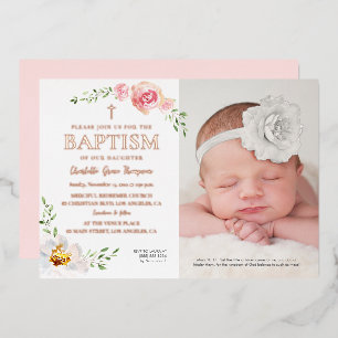 Blush Pink Floral Baby Girl Photo Baptism Foil Invitation