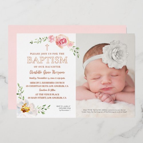 Blush Pink Floral Baby Girl Photo Baptism Foil Invitation