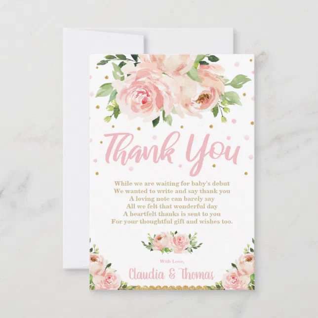 Blush Pink Floral Baby Girl Shower Bridal Wedding Thank You Card | Zazzle