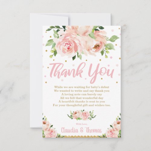 Blush Pink Floral Baby Girl Shower Bridal Wedding Thank You Card