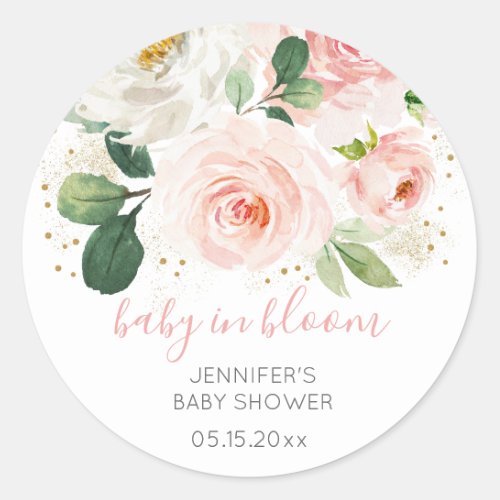 Blush Pink Floral Baby In Bloom Baby Shower Classic Round Sticker