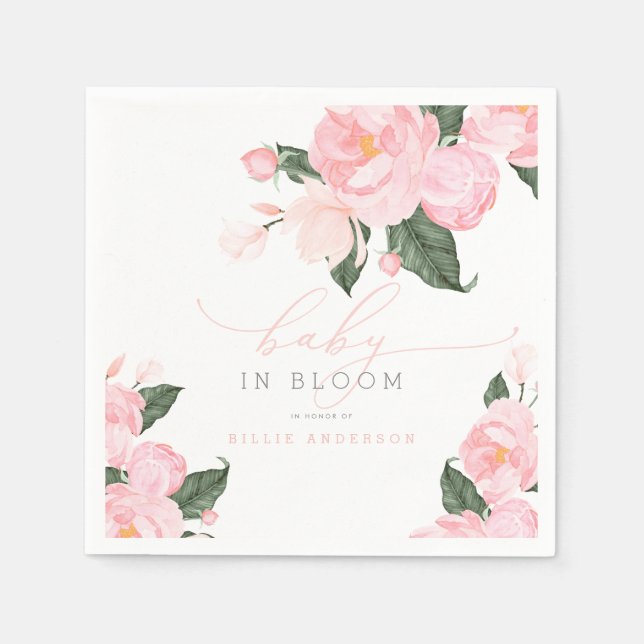 Blush Pink Floral Baby in Bloom Baby Shower Girl Napkins (Front)
