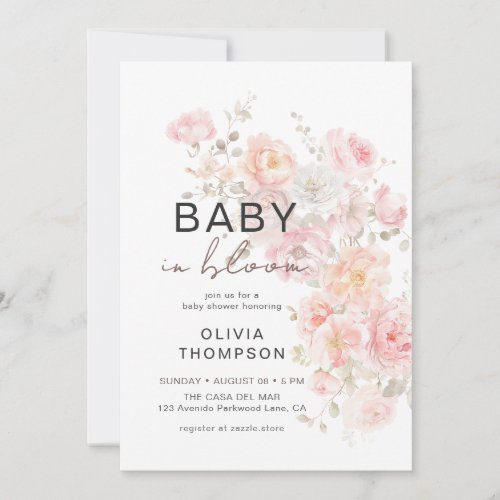 Blush Pink  Floral Baby in Bloom Baby Shower  Invitation