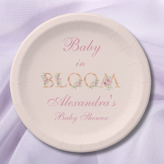 Blush Pink Floral Baby in Bloom Baby Shower Paper Plates (Creator Uploaded)