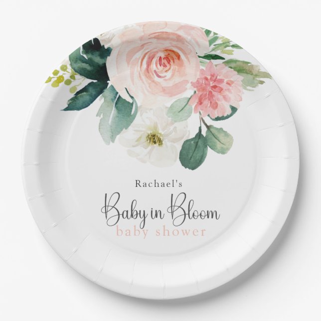 Blush Pink Floral Baby in Bloom Baby Shower Paper Plates (Front)