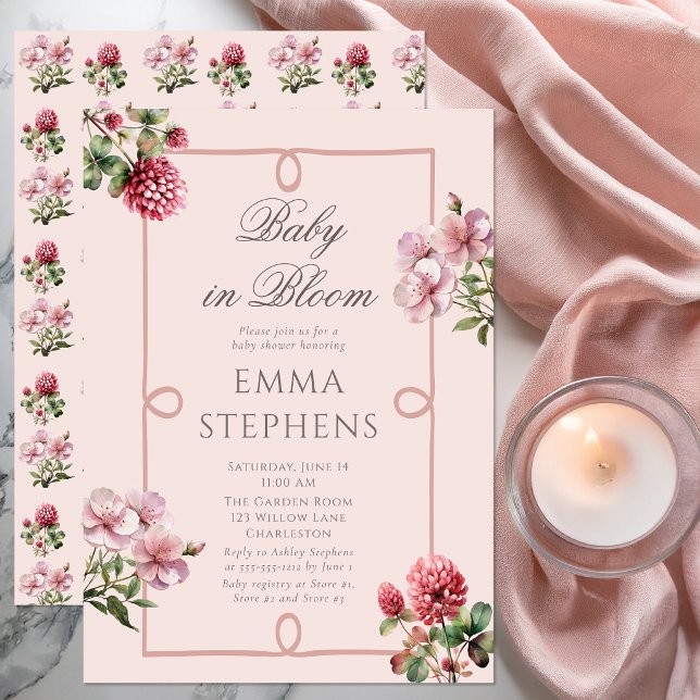 Blush Pink Floral Baby in Bloom Garden Baby Shower Invitation (Blush pink “Baby in Bloom” floral shower invitation with elegant botanical details)