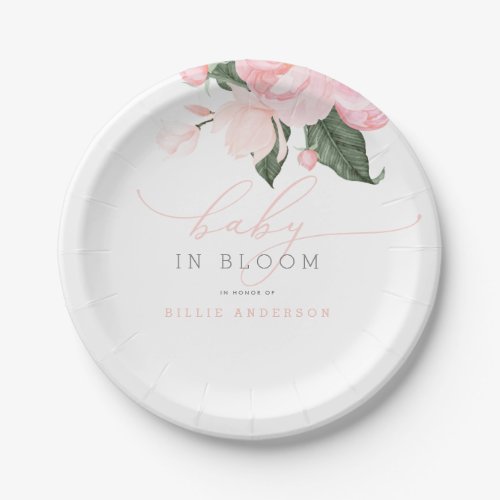 Blush Pink Floral Baby in Bloom Girls Baby Shower Paper Plates