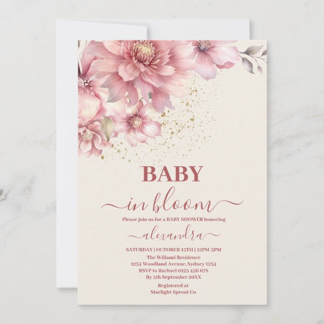 Blush Pink Floral Baby in Bloom Shower Girl Invitation (Front)