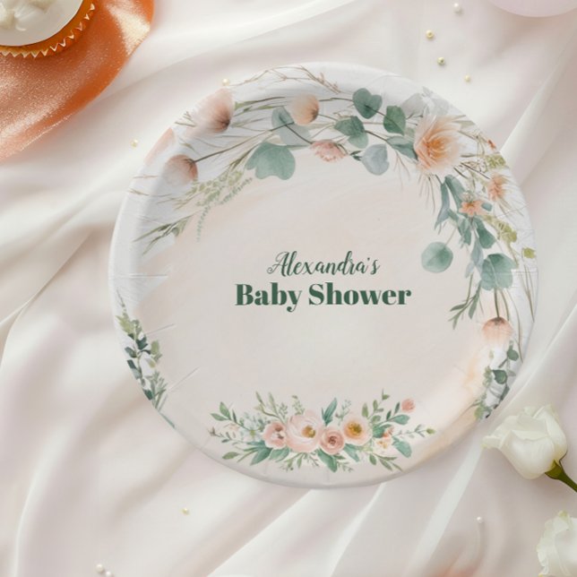 Blush Pink Floral Baby in Bloom Shower Paper Plates (Creator Uploaded)