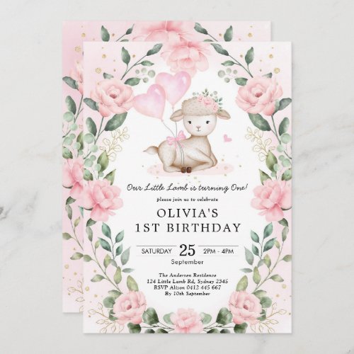 Blush Pink Floral Baby Sheep Lamb Girl Birthday Invitation