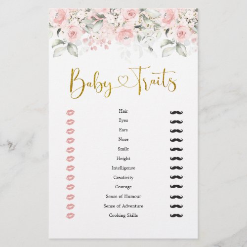 Blush Pink Floral Baby Shower Baby Traits Game