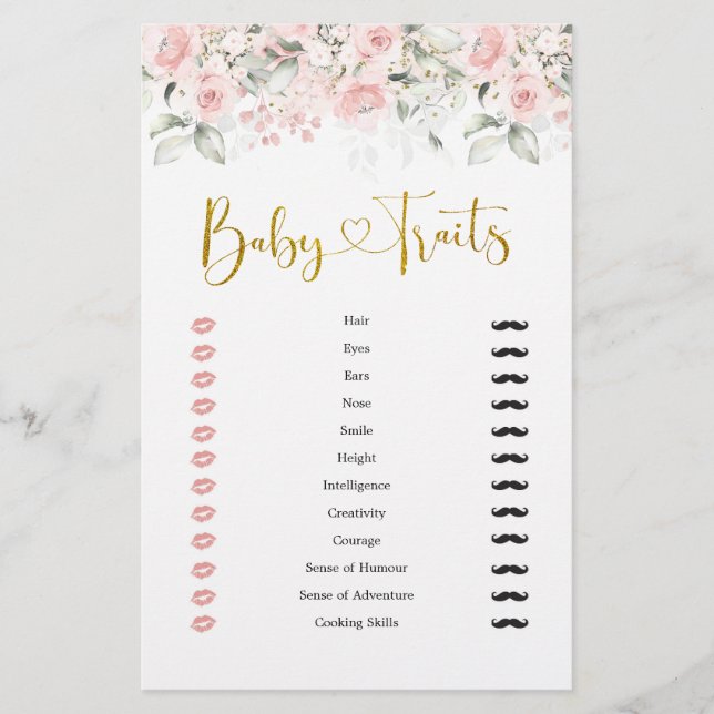 Blush Pink Floral Baby Shower Baby Traits Game (Front)