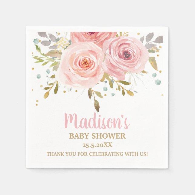 Blush Pink Floral Baby Shower Birthday Napkins (Front)