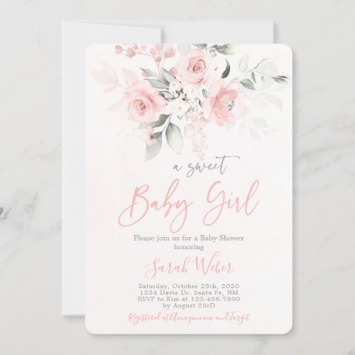 Blush pink floral baby shower girl invitation