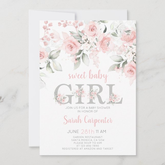 Blush Pink Floral Baby Shower Girl Invitation (Front)