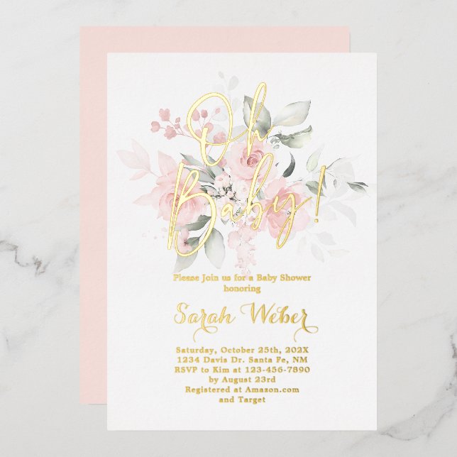 Blush Pink Floral Baby Shower Girl Real Foil Invitation (Front/Back)