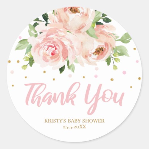Blush Pink Floral Baby Shower Girl Thank You Favor Classic Round Sticker
