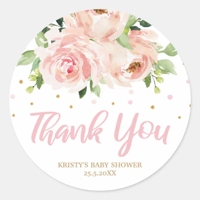 Blush Pink Floral Baby Shower Girl Thank You Favor Classic Round ...
