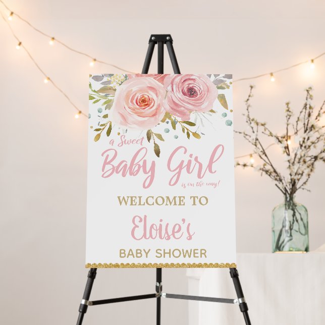Blush Pink Floral Baby Shower Girl Welcome  Foam Board (In Situ (Stand))
