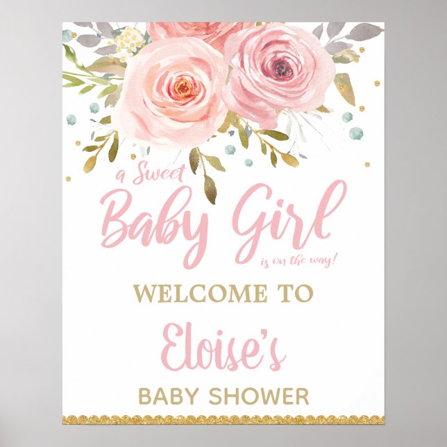 Blush Pink Floral Baby Shower Girl Welcome Sign (Front)