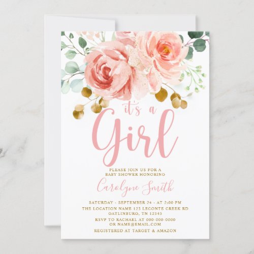 Blush Pink Floral Baby Shower Invitation Girl