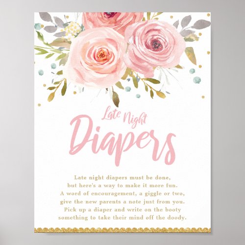 Blush Pink Floral Baby Shower Late Night Diapers  Poster