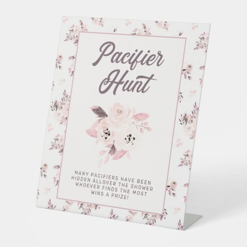 Blush Pink Floral Baby Shower Pacifier Hunt Game Pedestal Sign