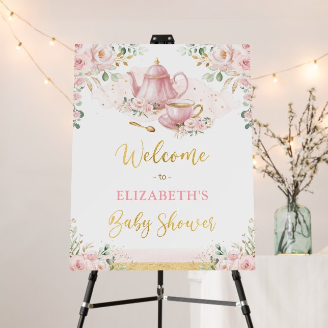 Blush Pink Floral Baby Shower Tea Party Welcome Foam Board (In Situ (Stand))