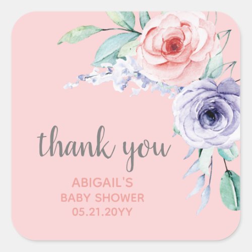 Blush Pink Floral Baby Shower Thank You Favor Square Sticker