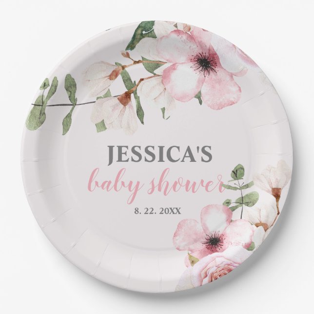 Blush Pink Floral Baby Shower Welcome Sign,  Paper Plates (Front)