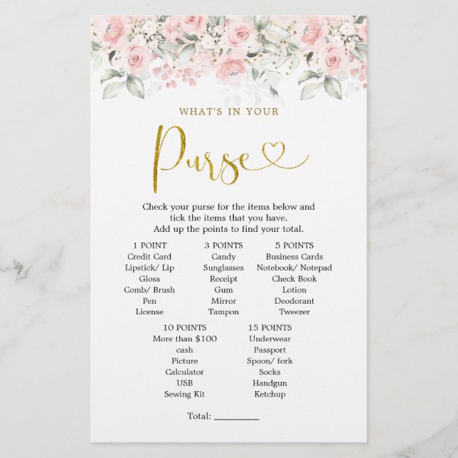 Blush Pink Floral Baby Shower What in Your Purse (Front)