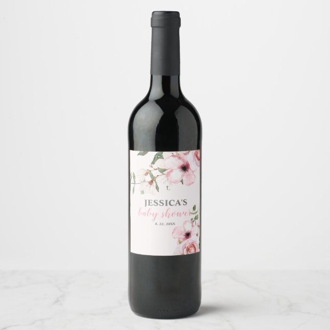 Blush Pink Floral Baby Shower  Wine Label (Front)
