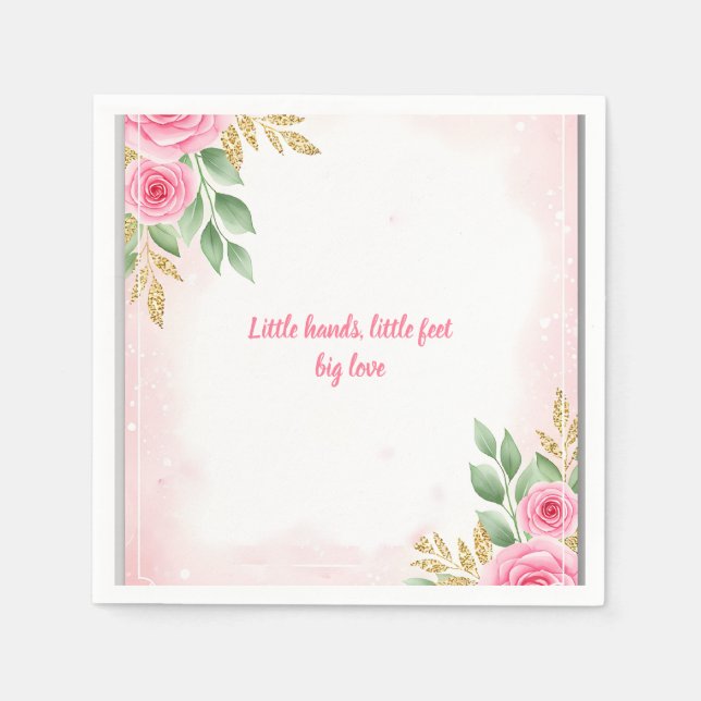 Blush Pink Floral Baby Shower with Roses and Gold  Napkins (Front)