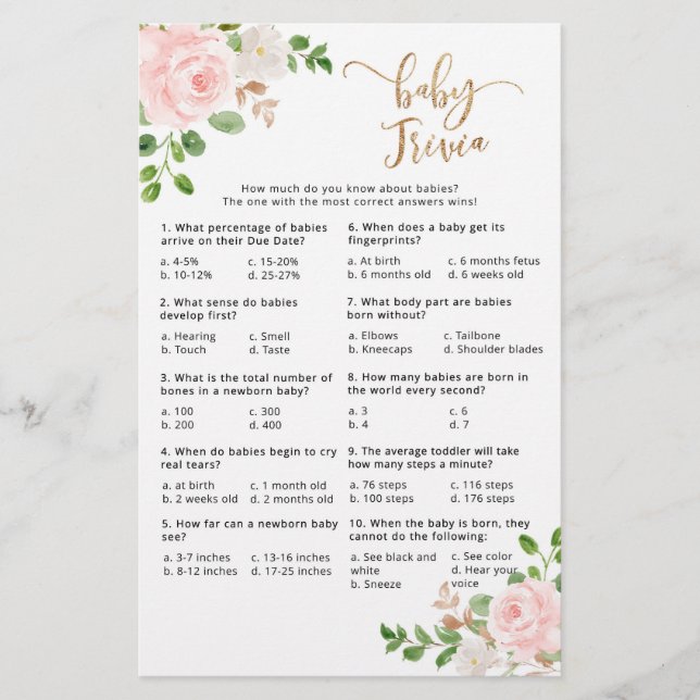 Blush pink floral baby trivia baby shower game (Front)