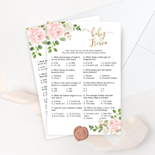 Blush pink floral baby trivia baby shower game