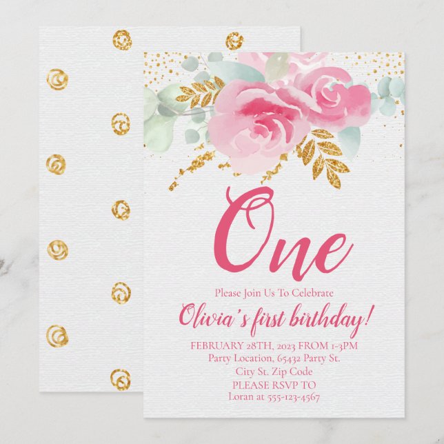 Blush Pink Floral Baby's First Birthday Invitation (Front/Back)