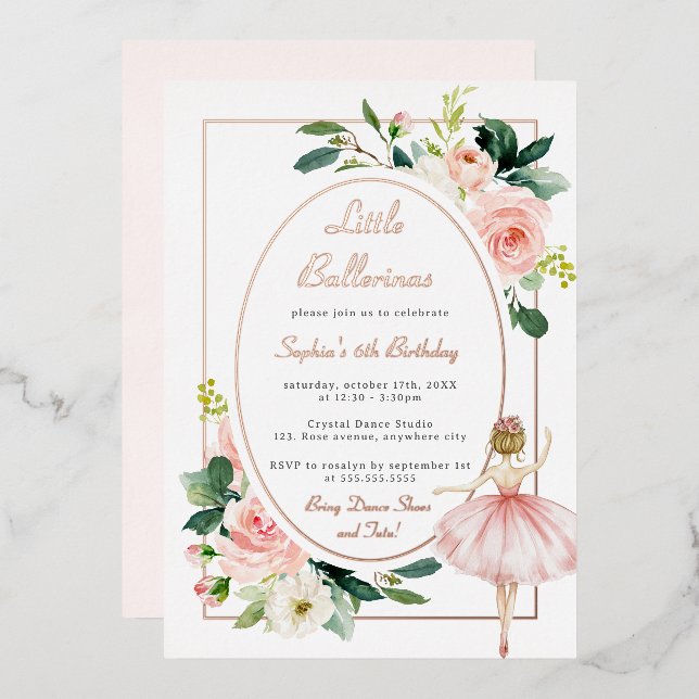 Blush Pink Floral Ballerina Kids Birthday Foil Invitation (Front/Back)