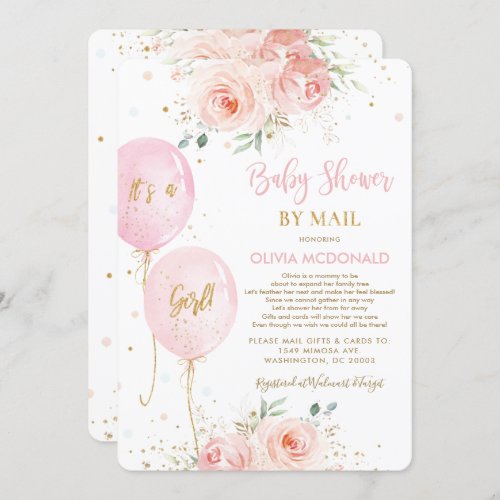 Blush Pink Floral Balloons Gold Baby Shower by Mai Invitation
