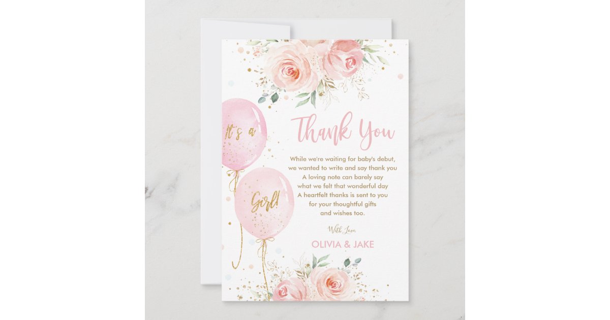 Blush Pink Floral Balloons Gold Girl Baby Shower Thank You Card | Zazzle