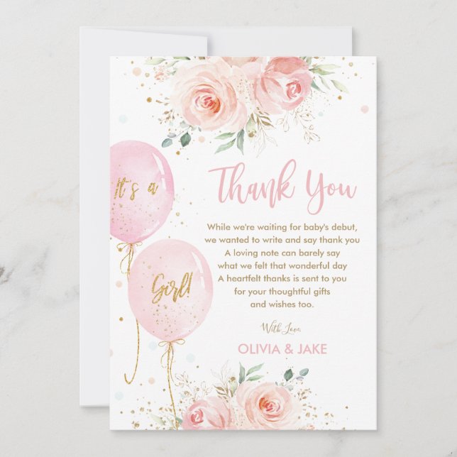 Blush Pink Floral Balloons Gold Girl Baby Shower Thank You Card (Front)