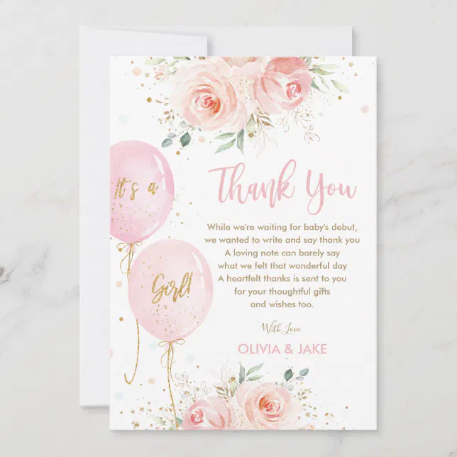 Blush Pink Floral Balloons Gold Girl Baby Shower Thank You Card | Zazzle