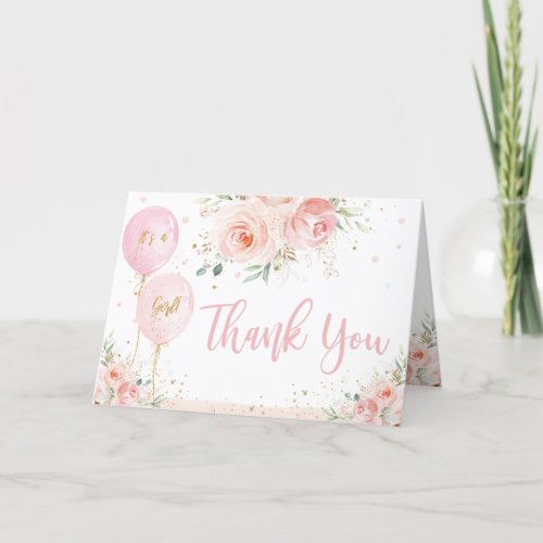 Blush Pink Floral Balloons Gold Girl Baby Shower Thank You Card